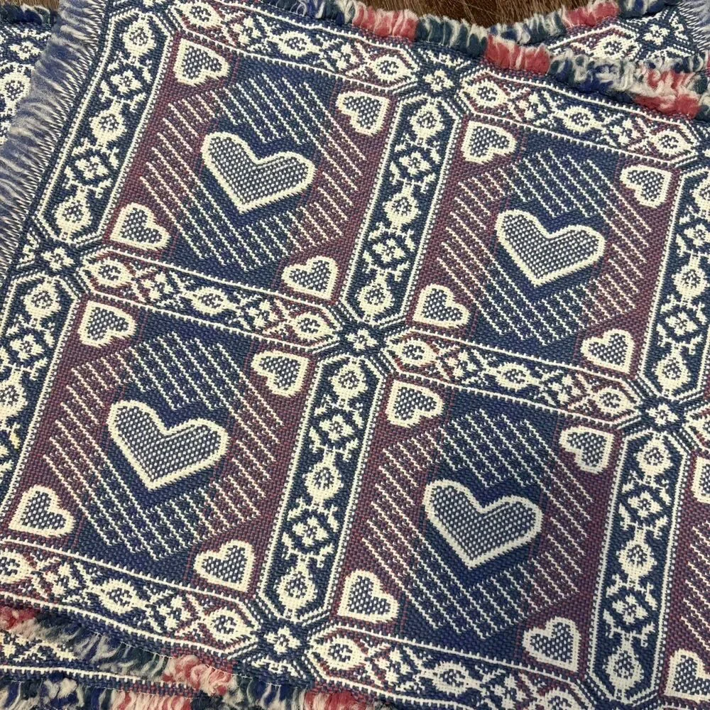 Vtg Placemats 4 Heart Reversible 80's Style Fringe Granny Cottage Core Pink Blue